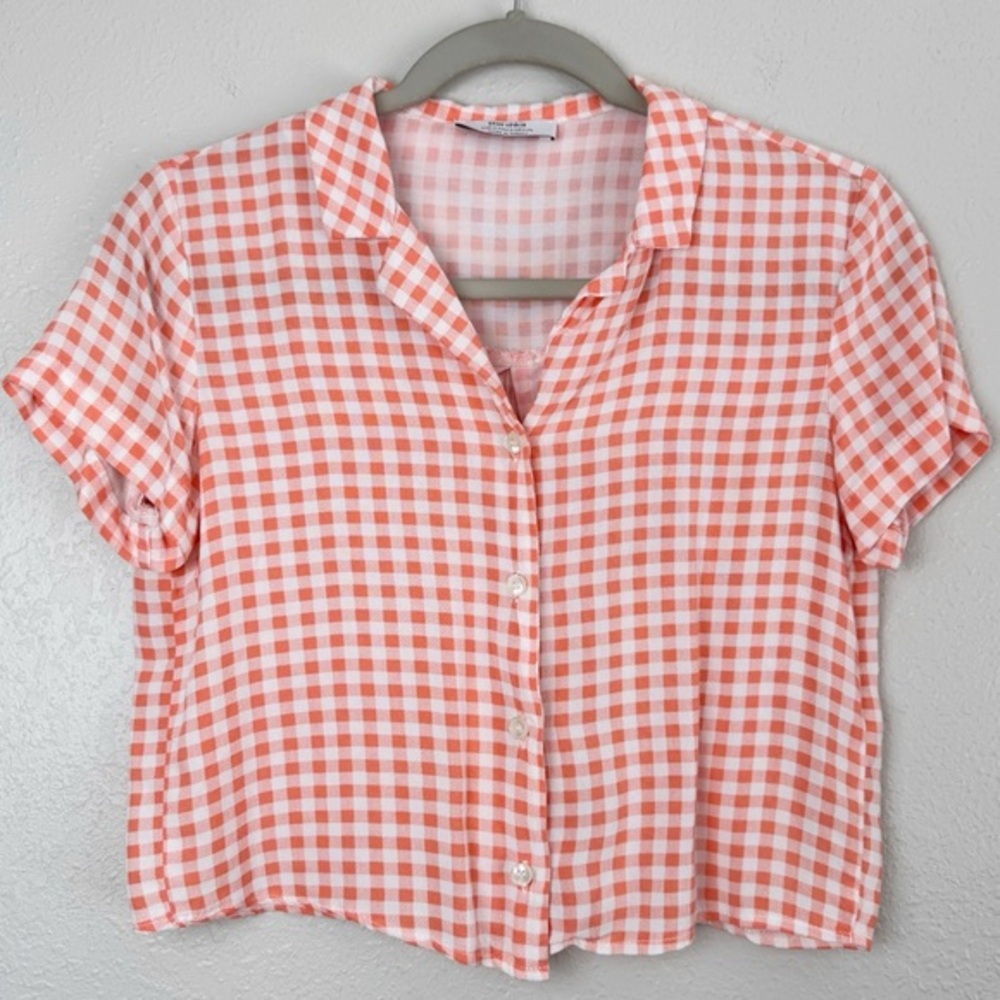 Bershka‎ Checkered button down short sleeve blouse top orange pink S